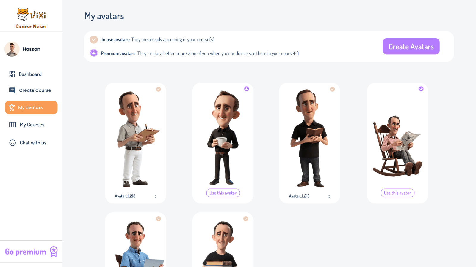 Vixi avatar gallery showing several stylized 3D characters