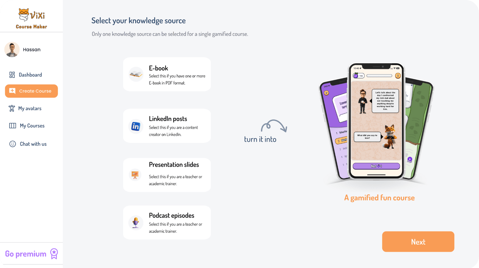 Vixi course builder source picker — upload reels, podcasts, and videos